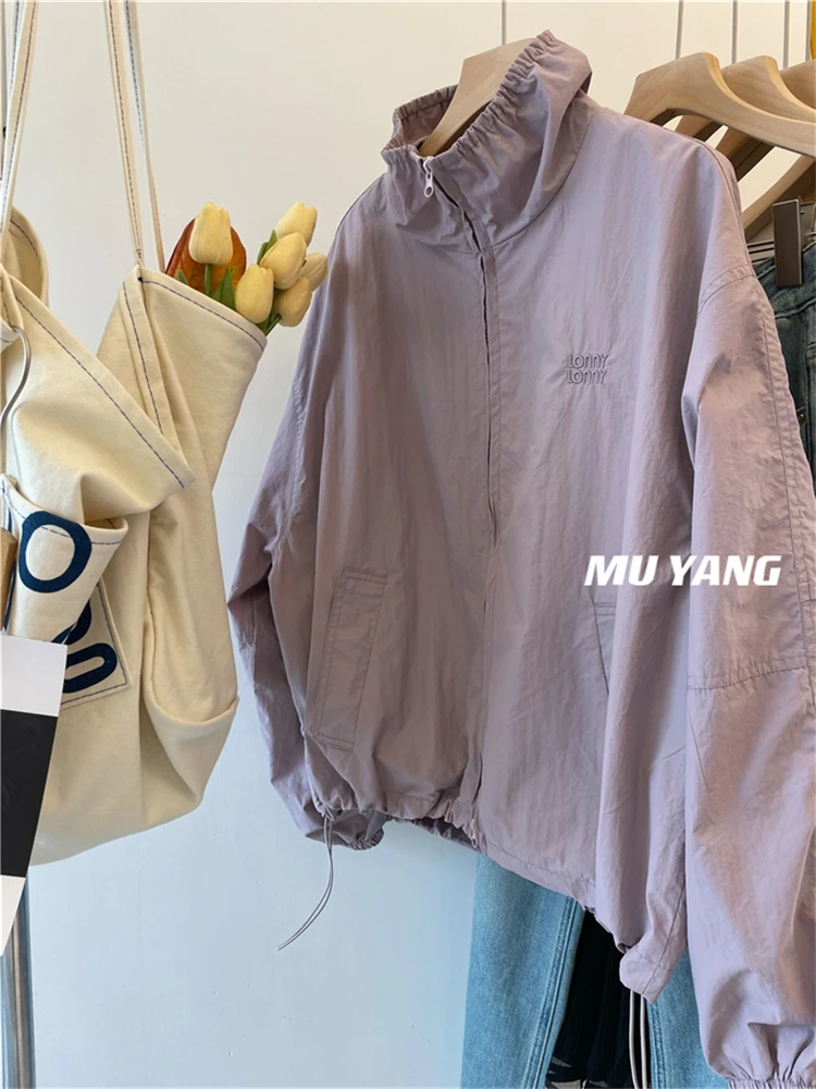 

Оливково-фиолетовая женская куртка с вышивкой и воротником-стойкой, весна 2026, повседневная свободная ветрозащитная верхняя одежда