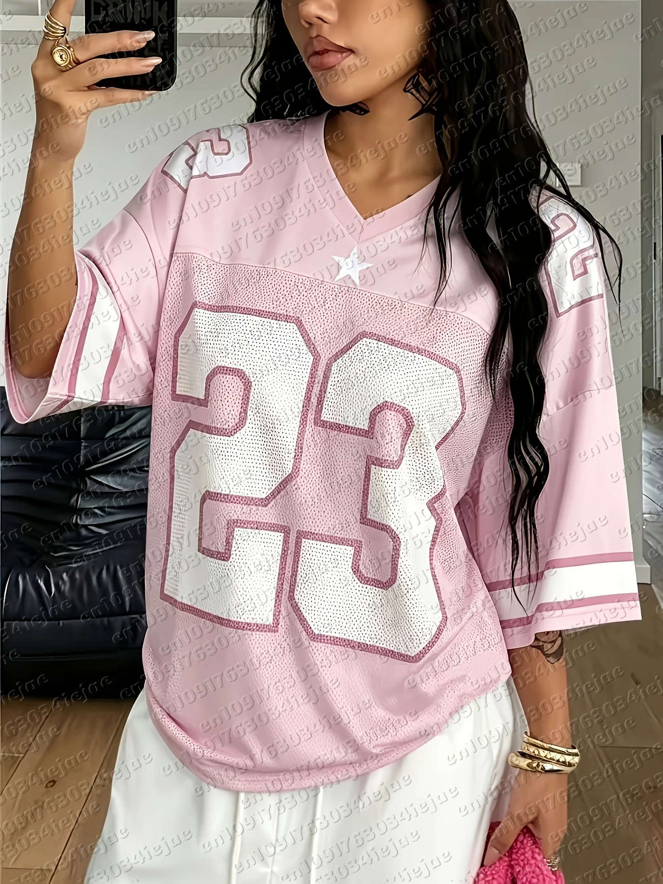 Damen-Sporttrikot für Kinder, kurzärmeliges T-Shirt mit V-Ausschnitt und Nummern-Print, atmungsaktiv, Damen-Kurzarmshirt – Detail 4
