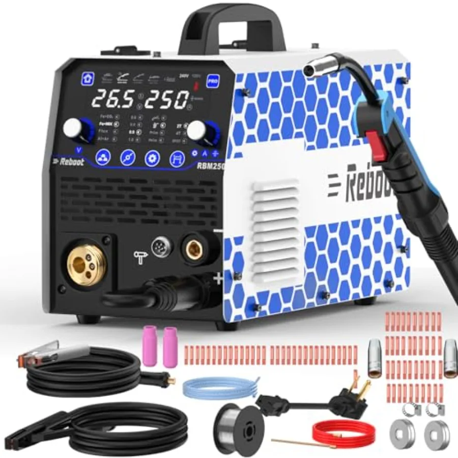 

250Amp 8-in-1 MIG Welder RBM2500 PRO and 42PCS Consumable Kit MB15 Torch Tips/Nozzles 120V/240V Multiprocess Machine w/G