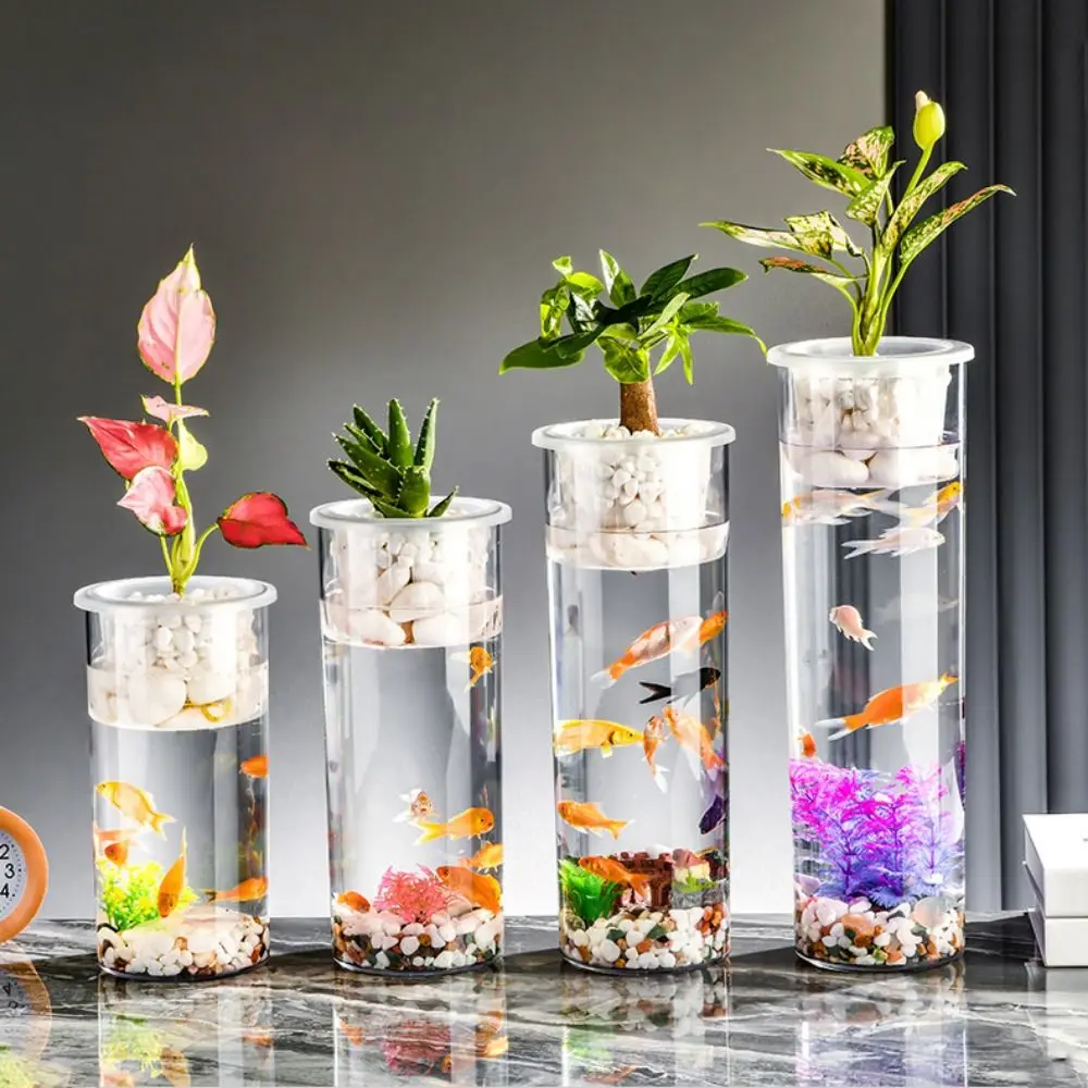 Transparent Fish Tank Vase Plastic Cylinder Hydroponic Planter Vase with Hydroponic Basket Unbreakable Hydroponic Fish Tank