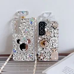 Crossbody Rhinestone Perfume Bottle Shape Phone Case For Samsung S25 S24 S23 S22 Ultra S10 Plus Crystal Mirror Flora Cover