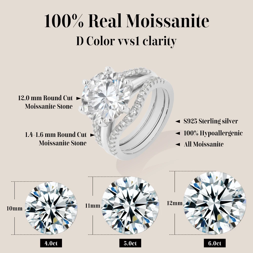 MINTYBOX Round Cut 12MM 6CT Moissanite Rings 925 Sterling Silver Luxury Wedding Ring Set for Women Anniversary Gift Fine Jewelry