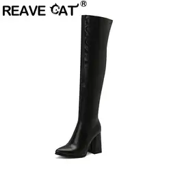 REAVE CAT Sexy Thigh Boots Women Pointed Toe Block Heels 10cm Size 47 48 49 50 Party Soft Female Stretch Booties