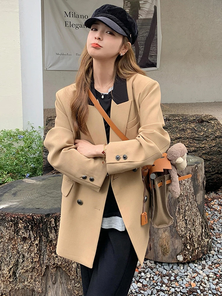 LANMREM High Street Patchwork Blazer Women's Lapel Double Breasted Block Color Casual Coats 2024 Autumn New Clothing 2Z2790