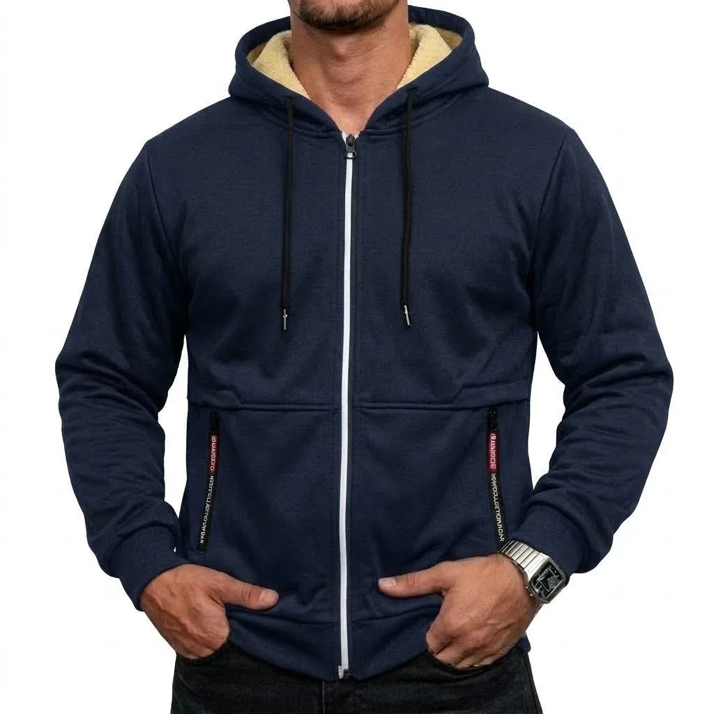 Neue Herren-Hoodie-Jacke mit Reißverschluss und Sherpa-Futter, Warme Dicke Winter-Fleece-Kapuzenjacke, Thermisches Freizeit-Oberbekleidungsstück, Schwergewichtiger Mantel – Detail 8