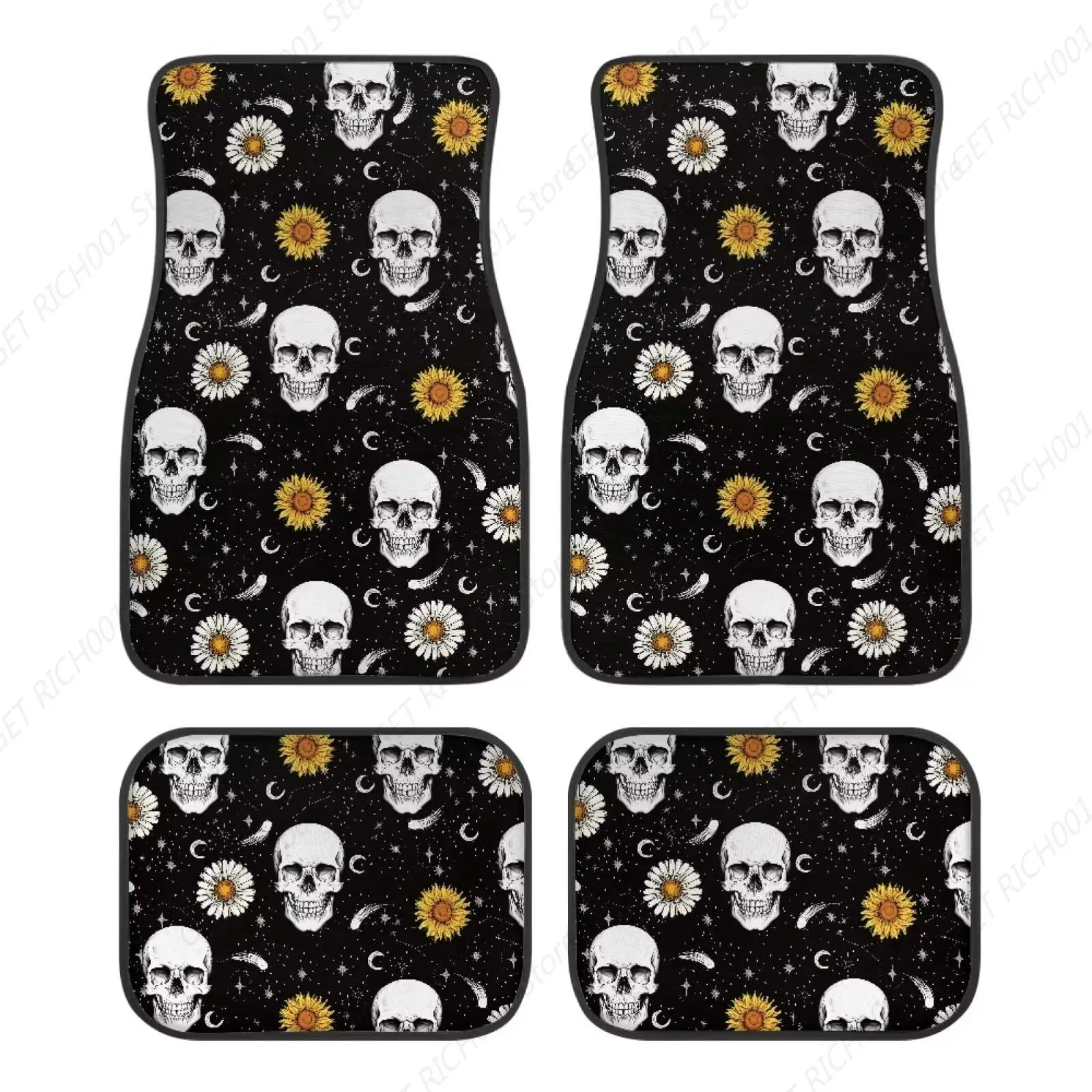 

Alfombrillas Lanteras Y Traseras Para Coche, Color Negro, Calavera, Girasol, Margarita, Juego 4 Uds., Ajuste Universal