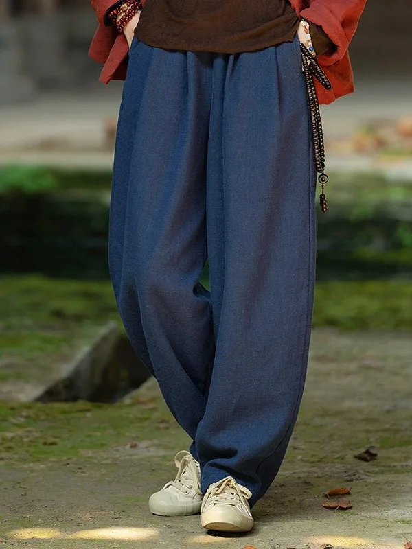 Authentic Cotton Linen Women's Winter Casual Pants Tai Chi Zen Repair Fleece Lantern Pants Wide Leg Natural Waist Mid-Year