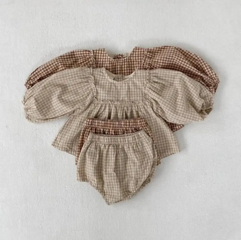 

2025 New 100% Cotton 2-Piece Set Baby Girl Clothes Plaid Blouse + Shorts Outfits Spring Summer Casual Toddler Outfit