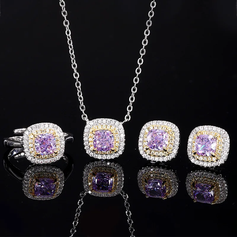 

New autumn and winter jewelry set with high-carbon diamond, ice-flower cut, copper inlaid with purple diamond main stone6*6