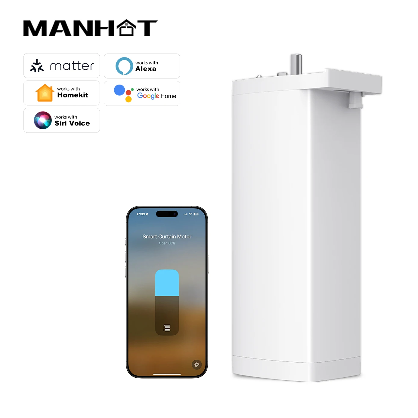 

MANHOT Matter WiFi Smart Curtain Motor Silent Curtain Motor APP/Voice Control Work with Tuya Smartthings Alexa Google Home Alice