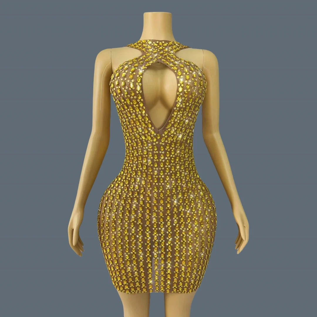 New Sexy Hollow out Mini Dress Women's Bodycon Wrap Dress Birthday Party Sparkly Golden Rhinestone Club Evening Dress liusixian