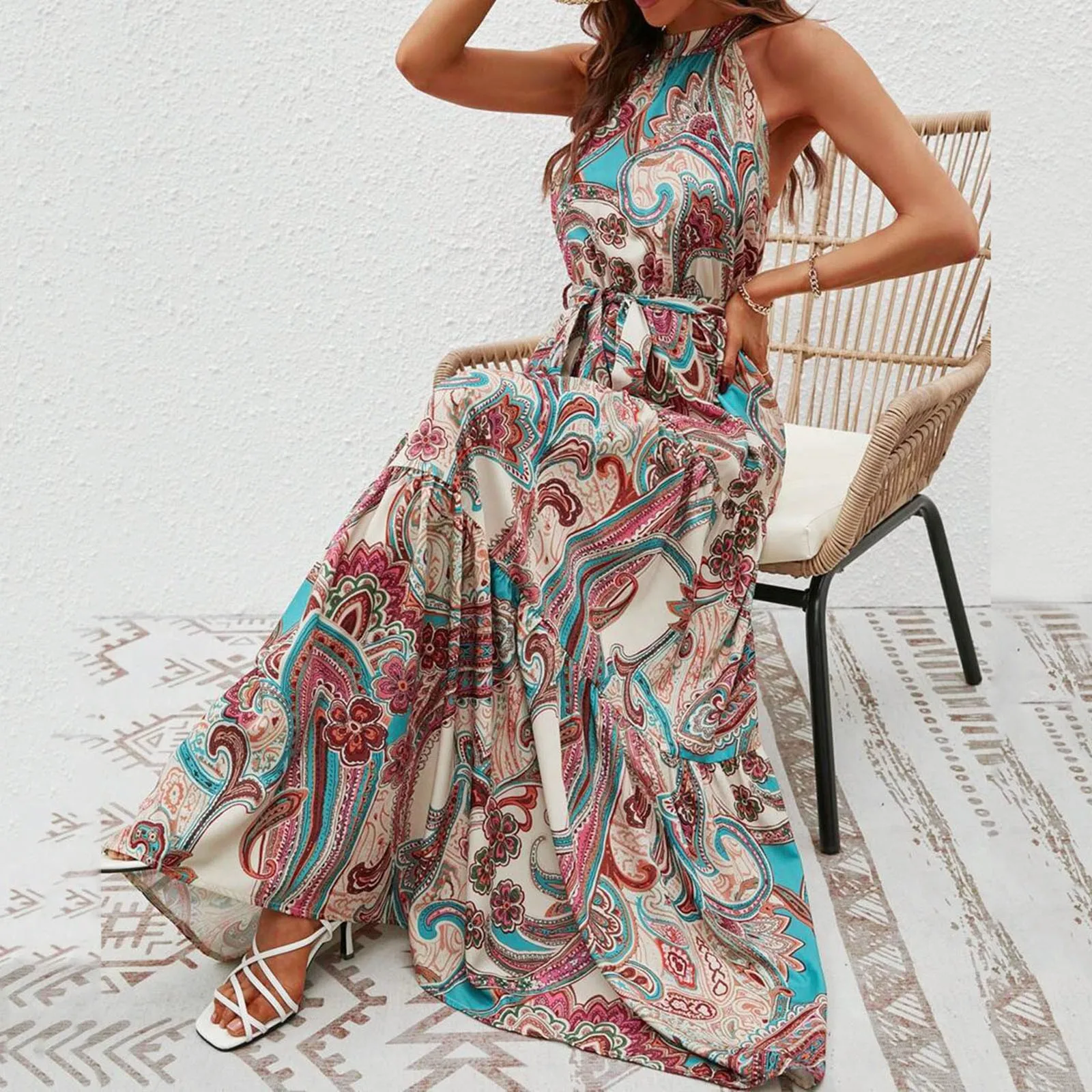 Summer Fashion Boho Long Dresses Women Lace Up Halterneck Sleeveless Backless Dress Elegant Print Ladies Party Vacation Vestido