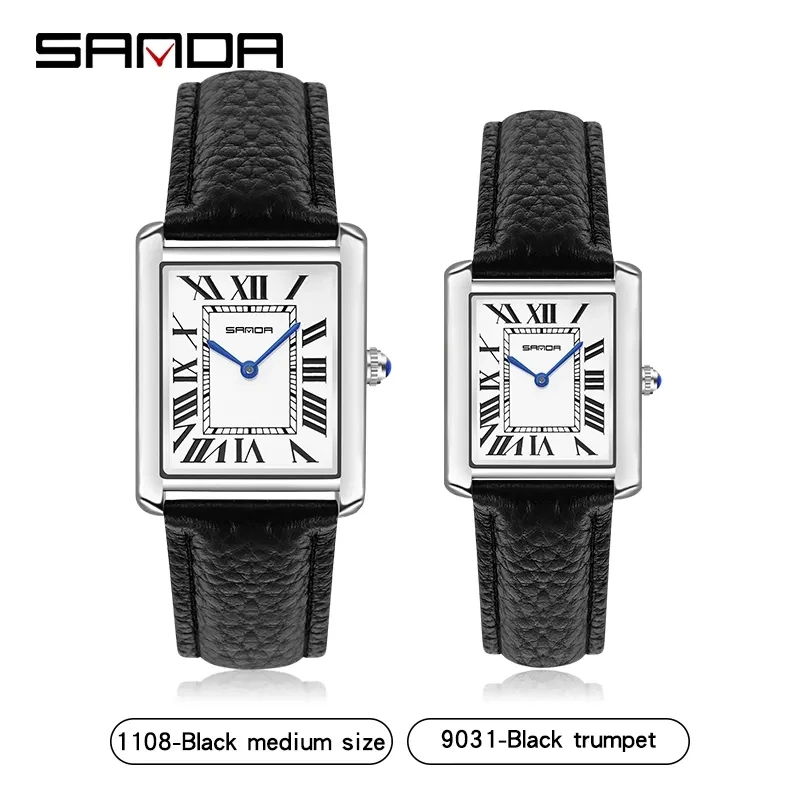 SANDA 1108 9031 New Luxury Brand Couple Watches Women Men Waterproof Clock Quartz Wristwatches Leather Strap Ladies Square Watch