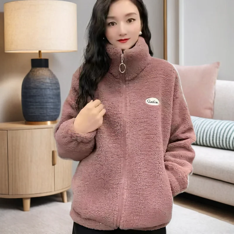 Women's Short Fleece Lined Thickened Woolen Coat Spring Autumn Winter Loose Fashionable Warm  Cotton Jacket Top