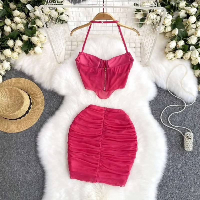 Y2k Dress Sets Women Two Peice Sets Crop Tops Tank Tops Slim Skirt Mesh Sexy Chic Womenswear Patchwork Streetwear Solid New