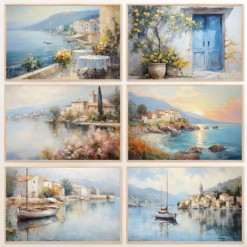 Vintage Italian Village Sunlit Waters Harbor Amalfi Coast View Lemon Bouquet Poster Canvas Painting Wall Pictures Home Decor