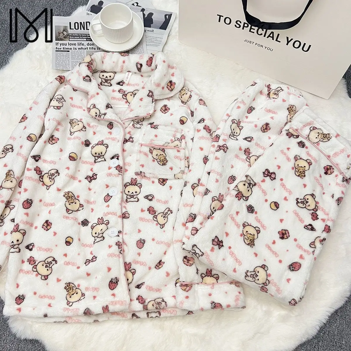 

Kawaii Rilakkuma Autumn Winter Pajamas for Women Cute Hooded Cartoon Long Sleeved Pants Thick Warm Home Clothes Girls Gifts Toys