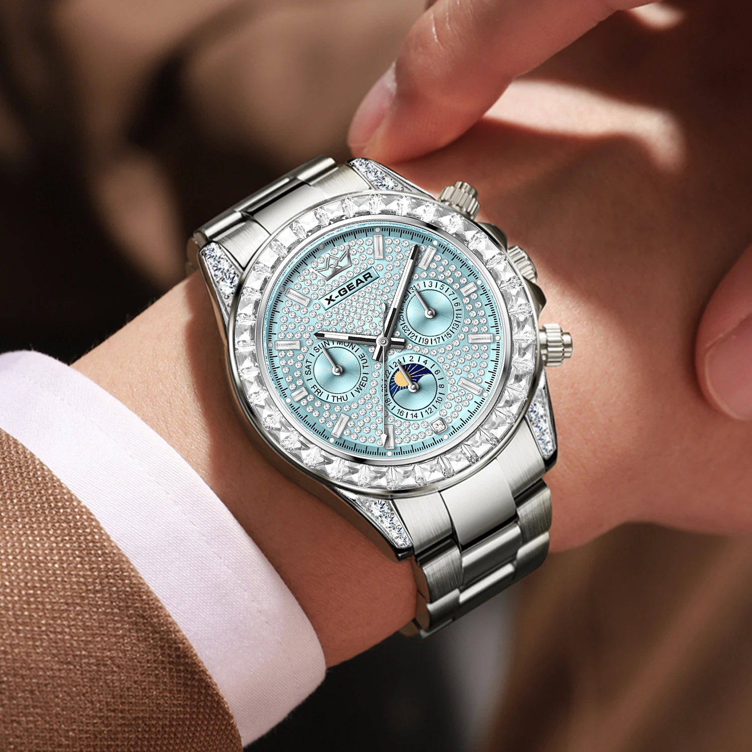ساعة ميكانيكية أوتوماتيكية مرصعة بالألماس بالكامل، متعددة الوظائف، مقاومة للماء، حزام من الفولاذ المقاوم للصدأ