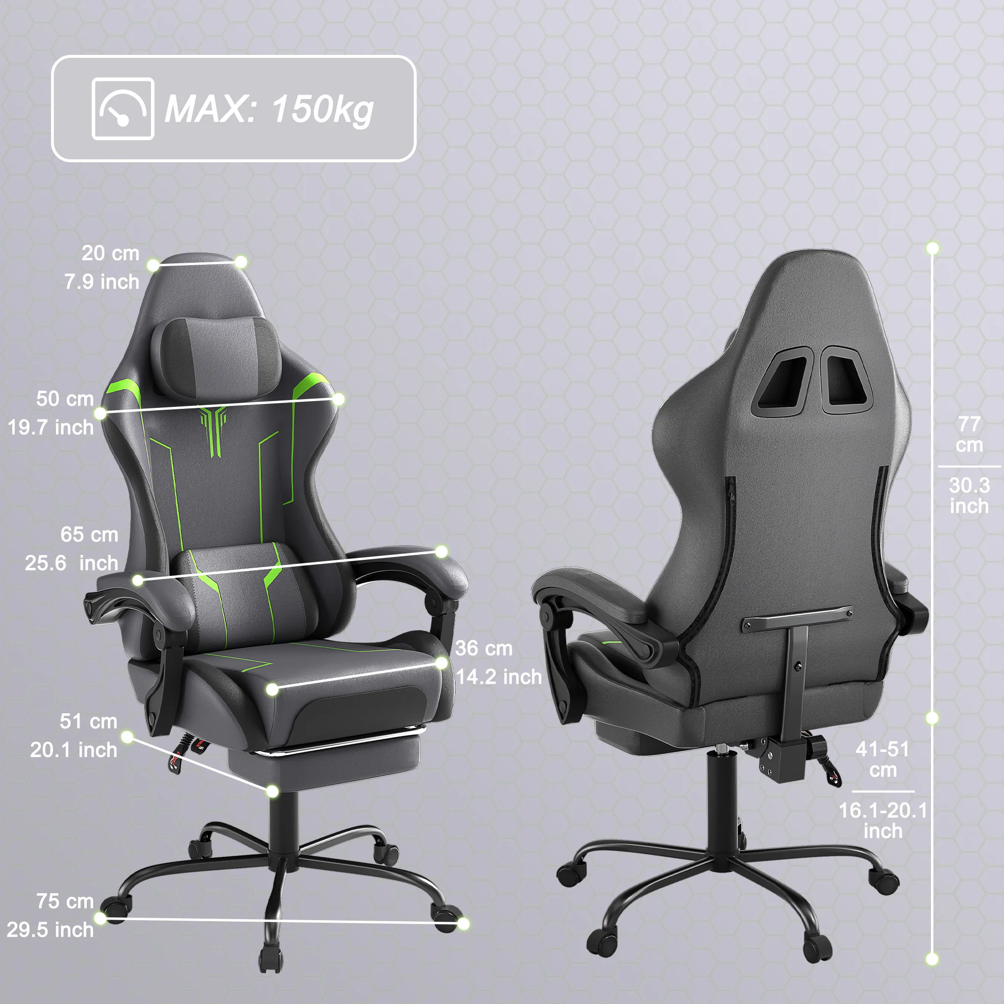 Ergonomische gamingstoel, in hoogte verstelbare draaibare pc-computerstoel met intrekbare voetensteun en afneembare hoofdsteun en lumbale kussens, bureaustoel van suède of PU-stof, max. draagvermogen