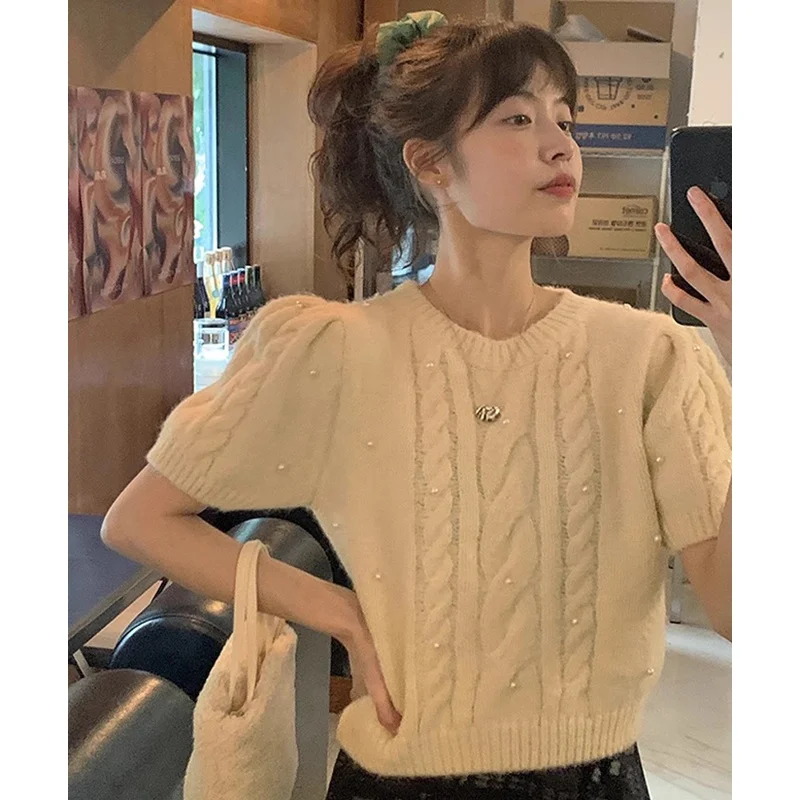 

Chic Autumn Gentle Personali round Ne Pearl Embellied Loose Versatile ort Sve Twisted Knitwear Sweater Women