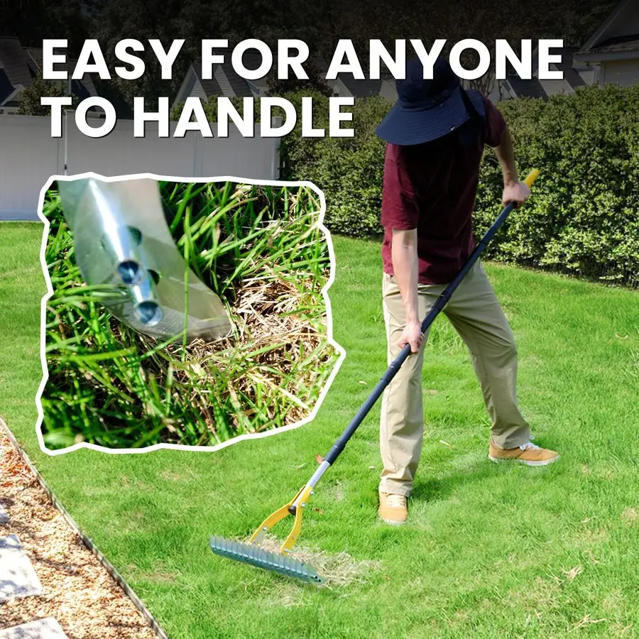 مشط للعشب بمقبض 74 بوصة، مشط ديتاتشر 15 بوصة لتنظيف العشب الميت، مشط معدني فولاذي فعال لـ Detha