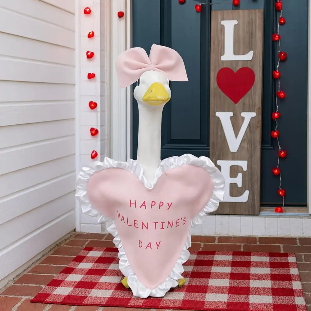 Pink Heart Goose Costume Valentine's Day Porch Goose Outfit Pink Heart Ruffled Garment Bow 23 Inch Goose Costume Yard Lawn Decor