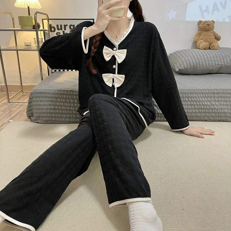 Cute Woman Winter Autumn Sleepwear Lady Long Sleeve Tops Pants 2 Piece Pajamas Solid  Sets for Women Nightwear