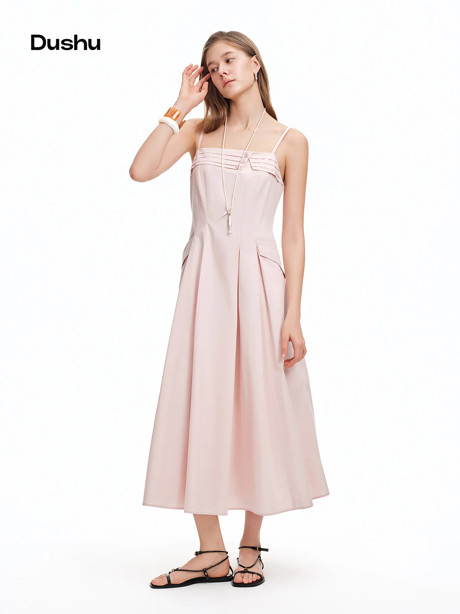 

DUSHU 2026 Летнее женское розовое платье миди с квадратным вырезом без рукавов – Элегантное платье на тонких бретельках для повседневных выходов