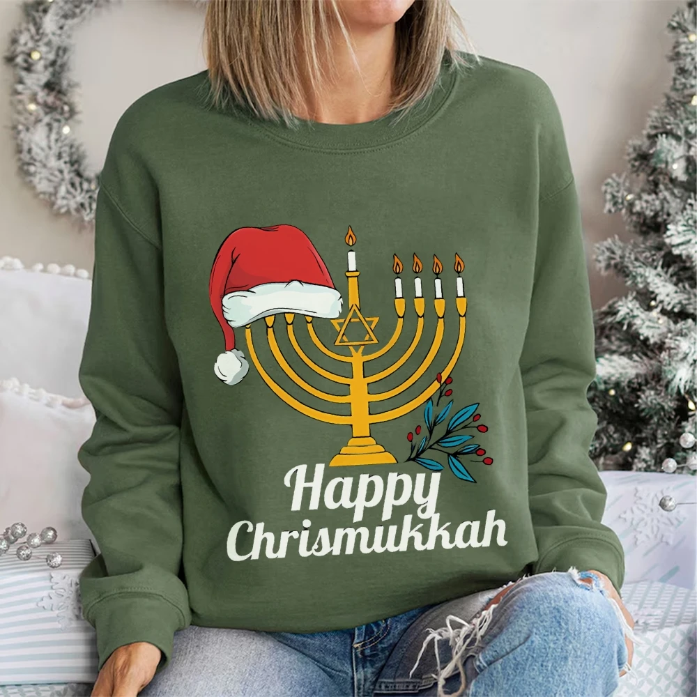 Bluza świąteczna Happy Hannukah Sweter Żydowski top Koszula Wakacyjny sweter świąteczny Żydowskie powiedzenie Pullover Prezent Chanuka Bluza z