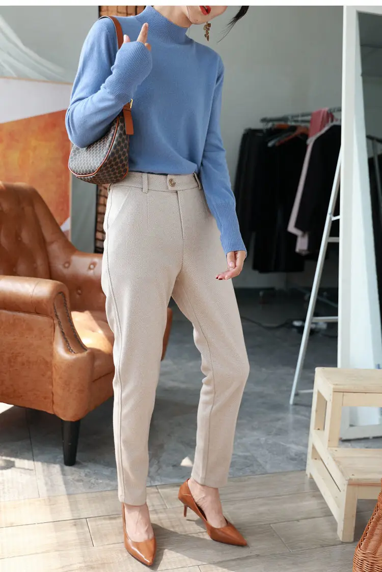 Wool Woolen Harem Trousers Women's Autumn and Winter New High Waist Slimming Ankle-Tied Suit Pants Loose Casual Cigarette Pants