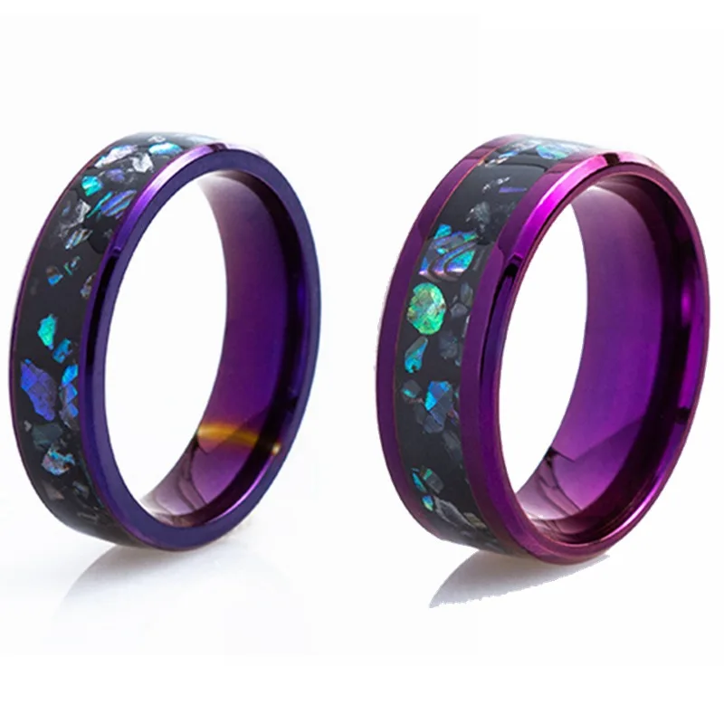 Fashion 6/8mm Purple Rings for Women Men Inlay Colorful Abalone Shell Finger Ring Wedding Band Couple Jewelry Gifts