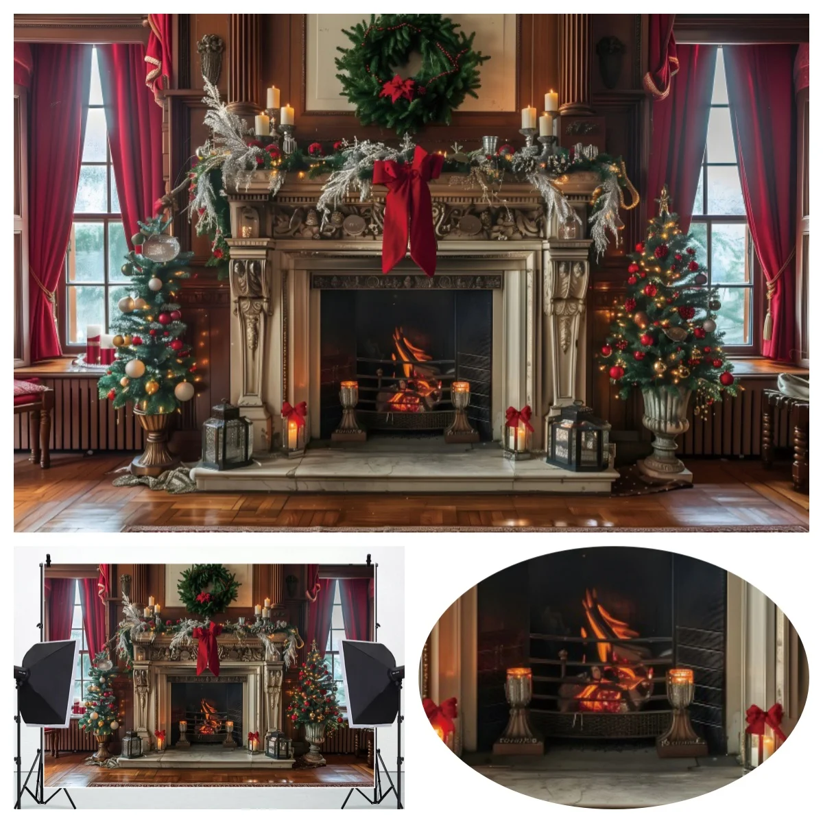 Christmas Fireplace Backdrops Classical Retro Wall Xmas Trees Baby Kids Portrait Family Party Photocall Photography Background