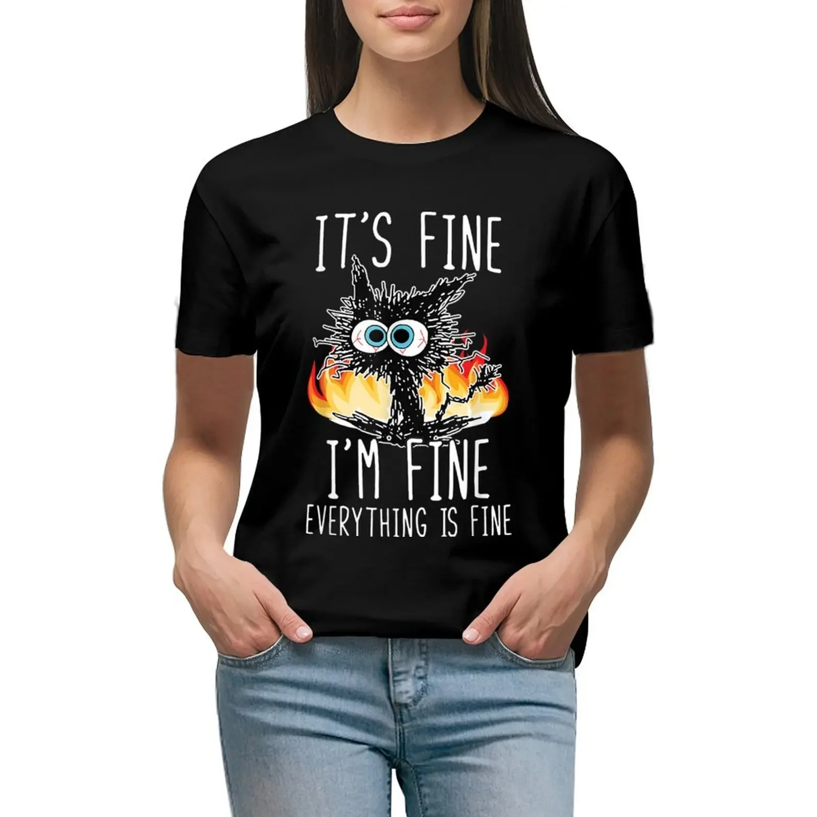 Its Fine Im Fine Everything Is Fine Funny shirt, Funny Cat T-Shirt plain Blouse plus sizes quick-drying Women clothes