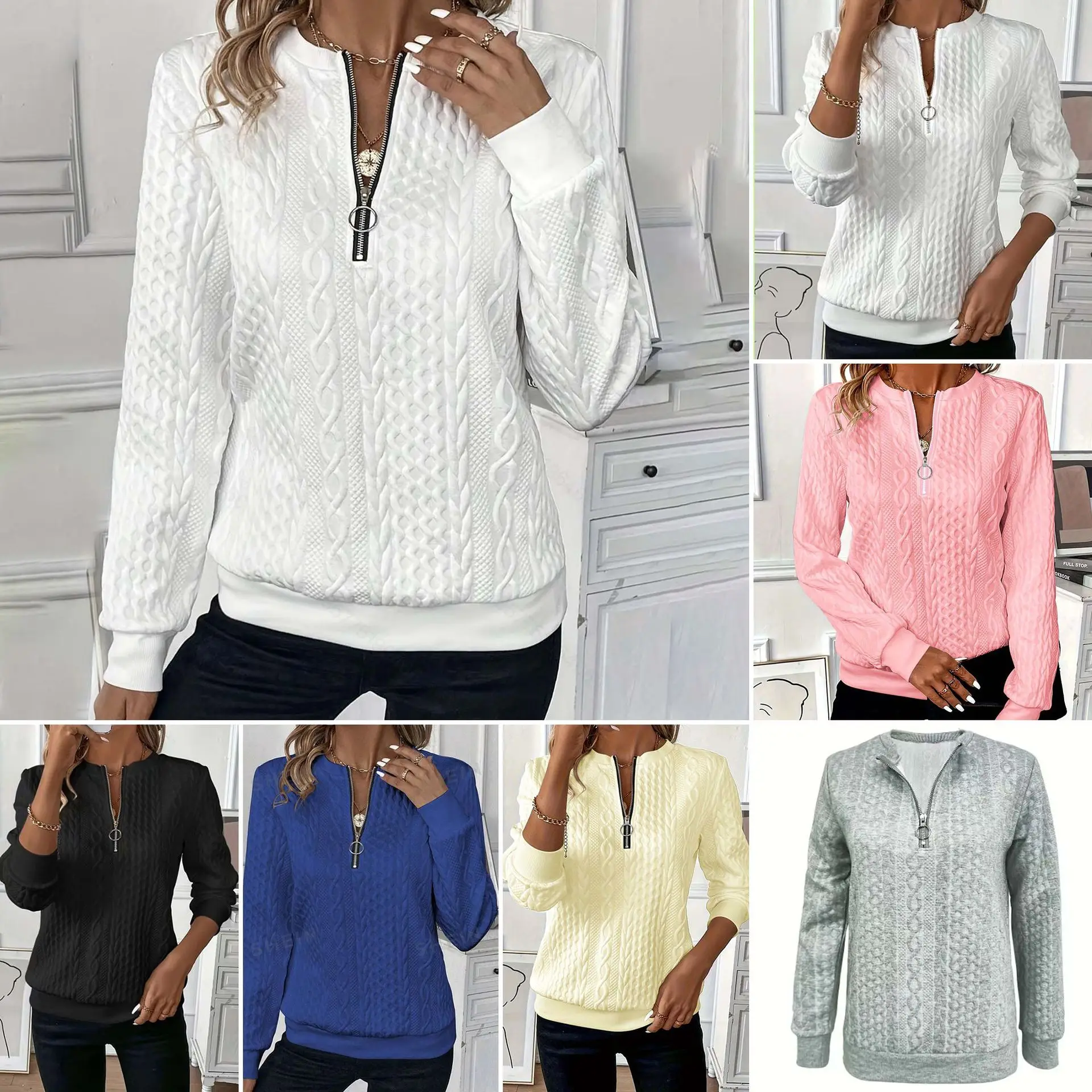 Women Half Zip Cable Textured Sweatshirt Long Sleeve Crew Neck Pullover Casual Fall Winter Loose Solid Color Fashion Ladies Top