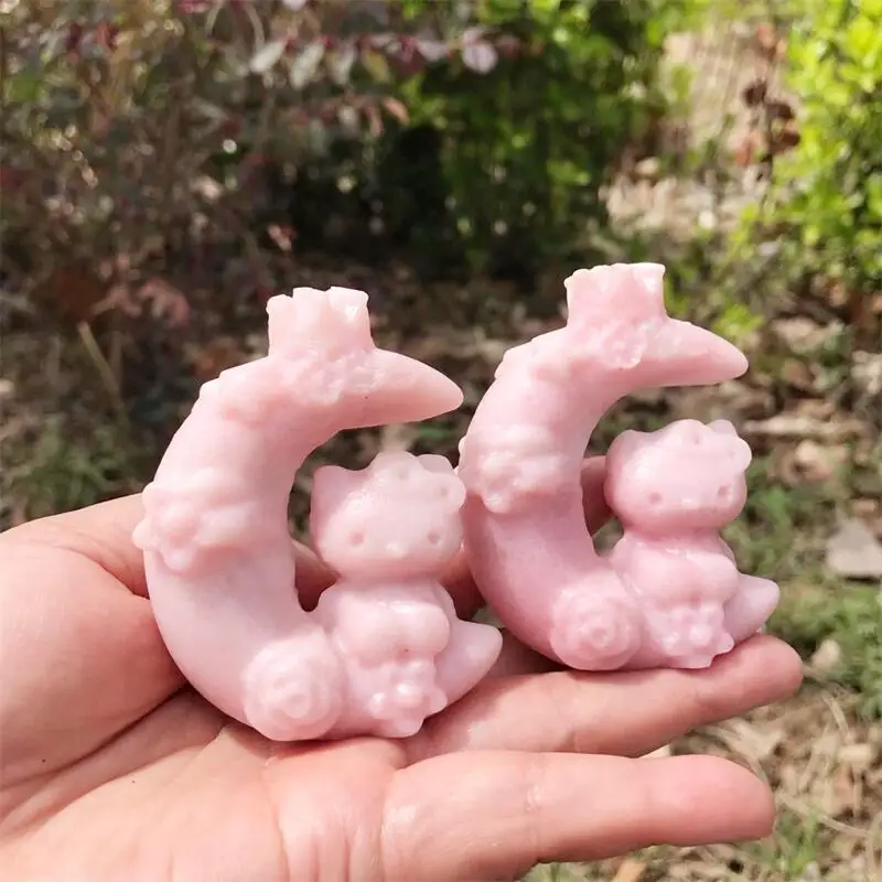 Natural Pink Opal Moon KT Cat Carving Ornaments Fengshui Quartz Crystal Animal Lucky Statue Crafts Home Decoration 1PCS