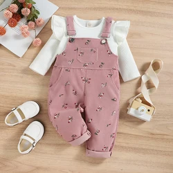 2 Pieces Kids Suit Set Solid Color O-Neck Long Sleeve Tops+ Floral Print Suspender Trousers for Girls, 6 Months-4 Years