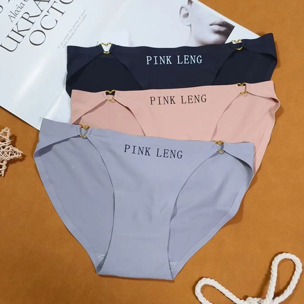 Comfortable Solid Color Ice Silk Panties Ice Silk Letter Letter Underwear Women Seamless Heart Metal Decoration For Girl