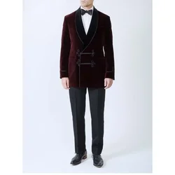 Smoking Men's Suits Burgundy Velvet Blazer Black Pants Shawl Lapel Double Breasted Vintage Full Set Luxury Daily Costume Homme