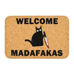 Custom Welcome Madafakas Black Cat With Kinfe Doormat Anti-Slip Kitchen Bathroom Mat Living Room Door Floor Entrance Carpet Rug