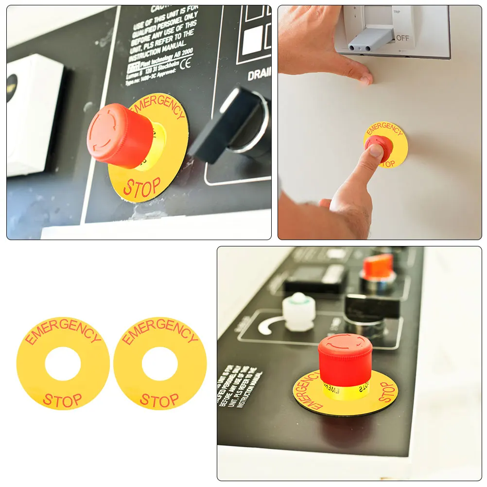 2Pcs Emergency Stop Sign Label Waterproof PVC Strong Stick for Factory Office Equipment Safety Decal Sticker Emergency Stop Sign