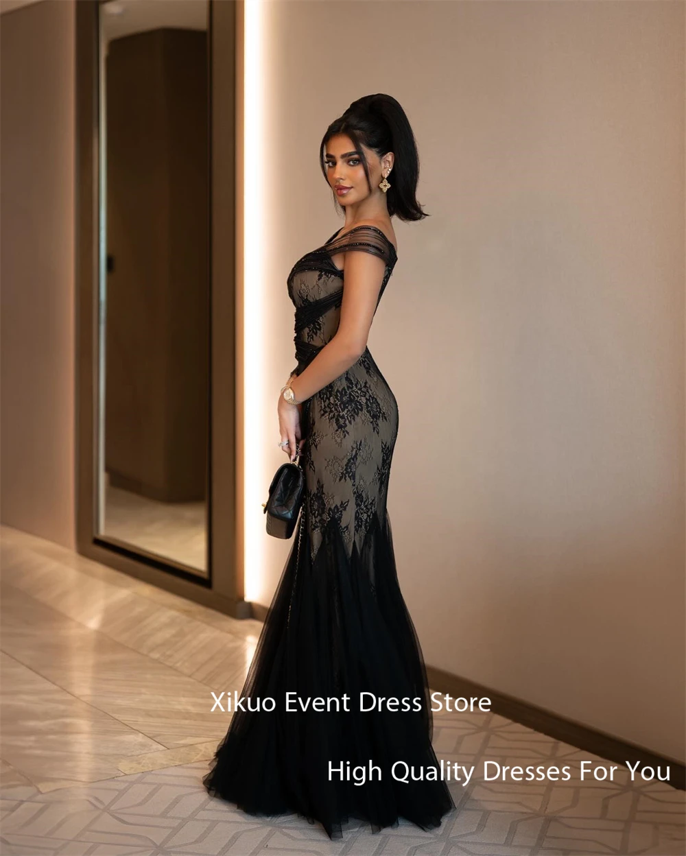 Xikuo Black Tulle One Shoulder Evening Dresses Mermaid Appliques Formal Party Gowns Chic Saudi Arabia Robe De Soirée Customized