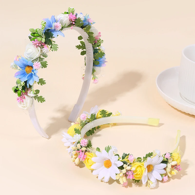 1/2Pcs Yellow Blue Artificial Flower Girls Princess Headband Cute Hair Hoop Hair Accessory for Wedding Birthday Party Gift