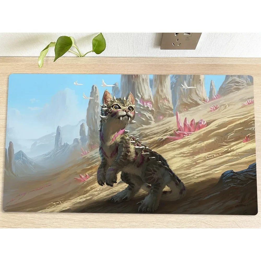 Cute Dragon Cat Cub Large Gaming Desk Mat Fantasy Crystal Canyon Mountain Premium Non Slip Rubber TCG Playmat Gift for Tabletop