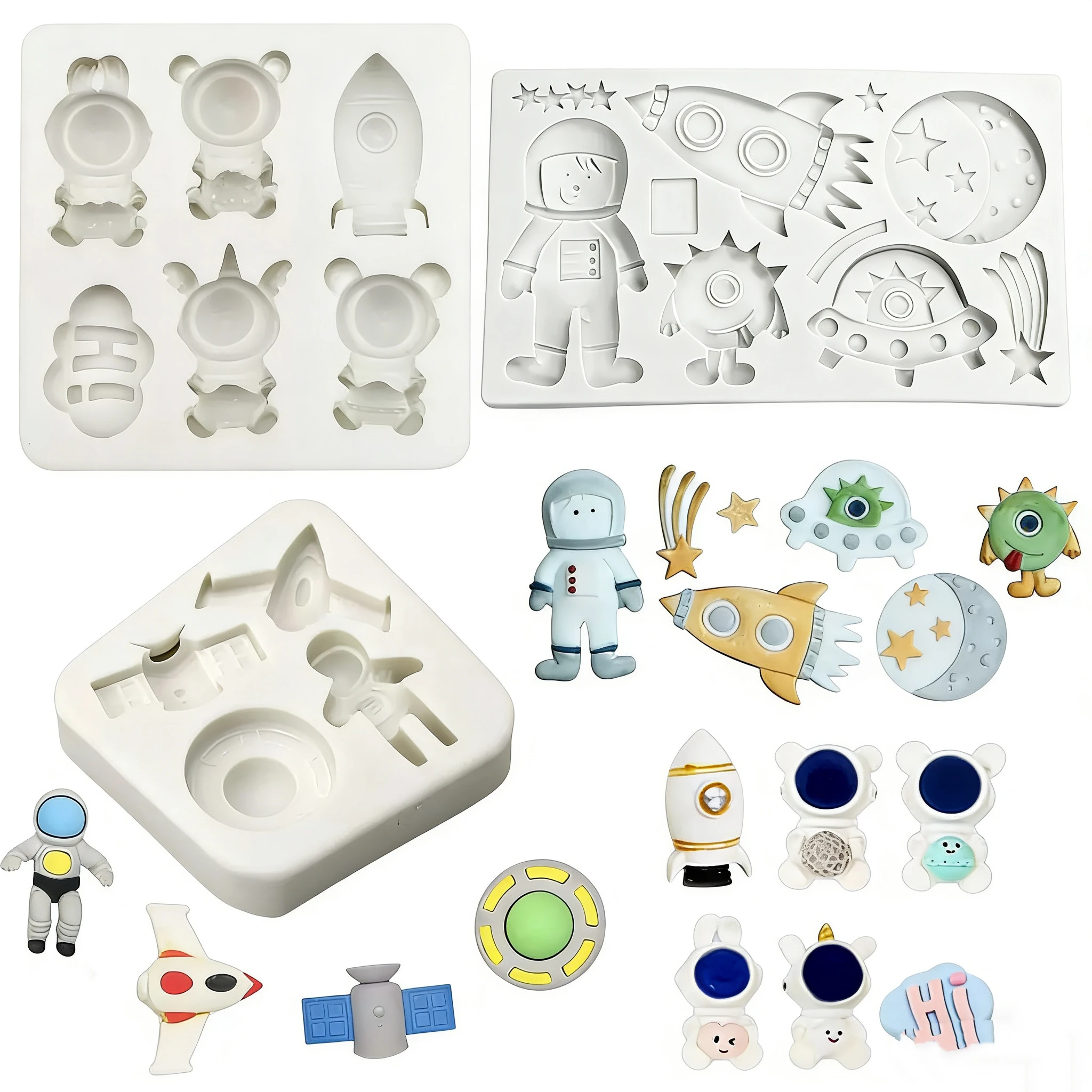Weltraum-Thema Silikonformen Raumschiff Astronaut Rakete Süßigkeiten Schokolade Fondant Form DIY Party Kuchen Dekorationswerkzeuge F068
