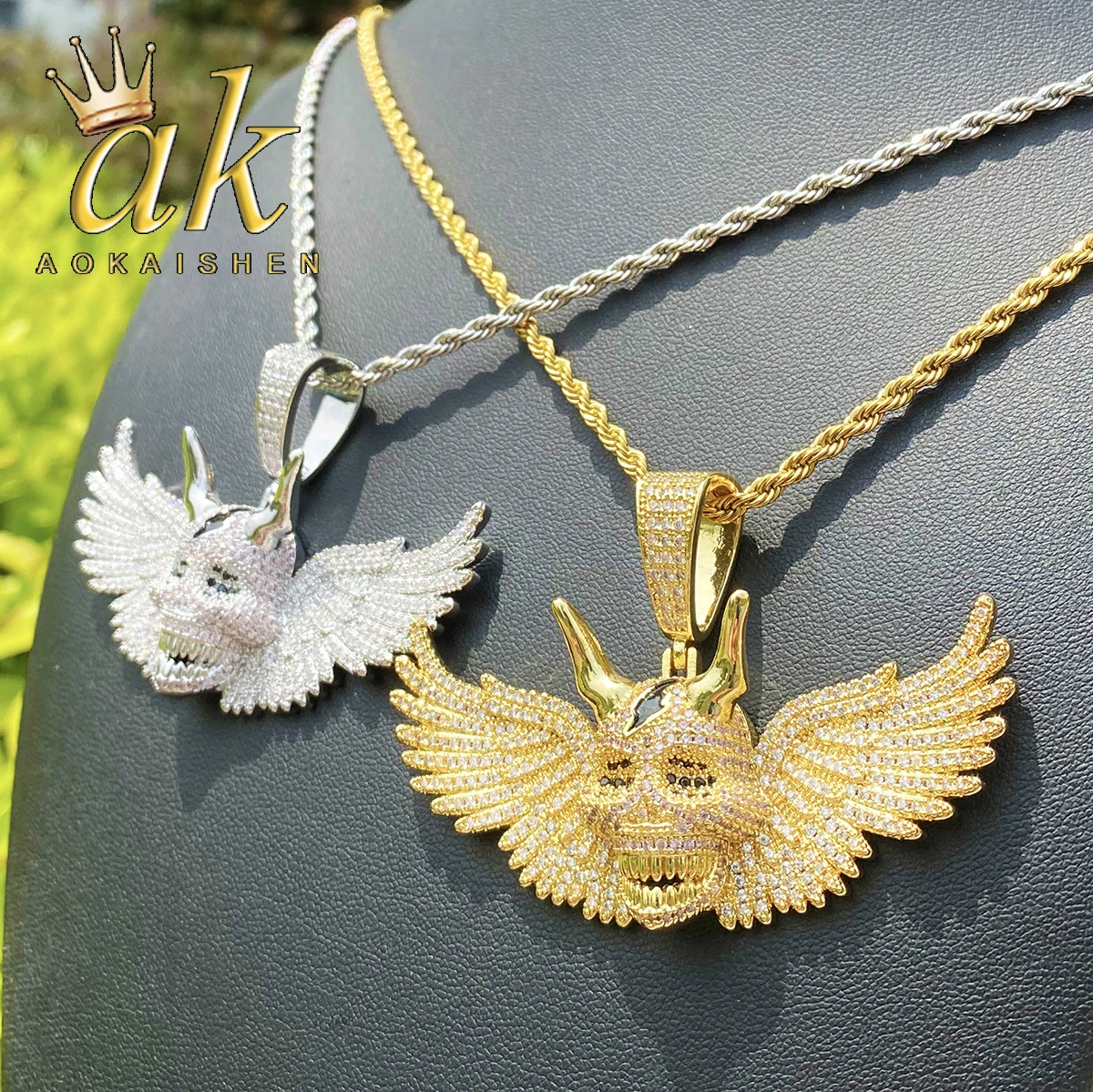 

Aokaishen Iced Out Wing Skull Necklace Pendant for Men Real Gold Plated 5A Cubic Zirconia Hip Hop Jewelry