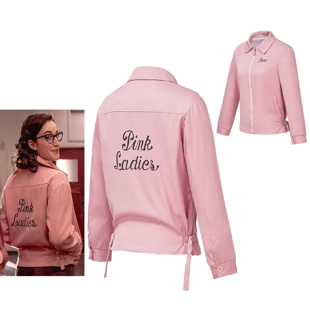 

Grease: Rise of the Pink Ladies Cosplay Pink Jacket Women's Embroidery Words Print Sweatshirt Halloween Baseball Coat Uniform