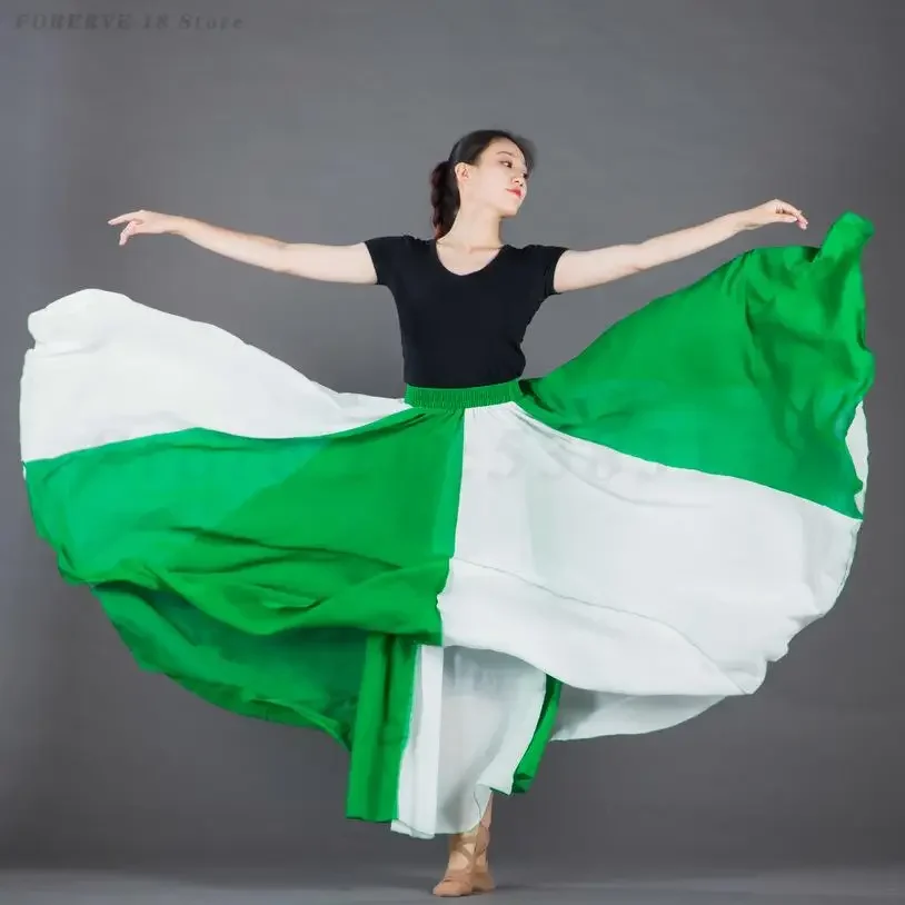 

Two Tone Splicing Large Swing Dance Skirt Women Gypsy Clothes New Satin Chiffon Skirts Xinjiang Ethnic Classical Dancing Costume