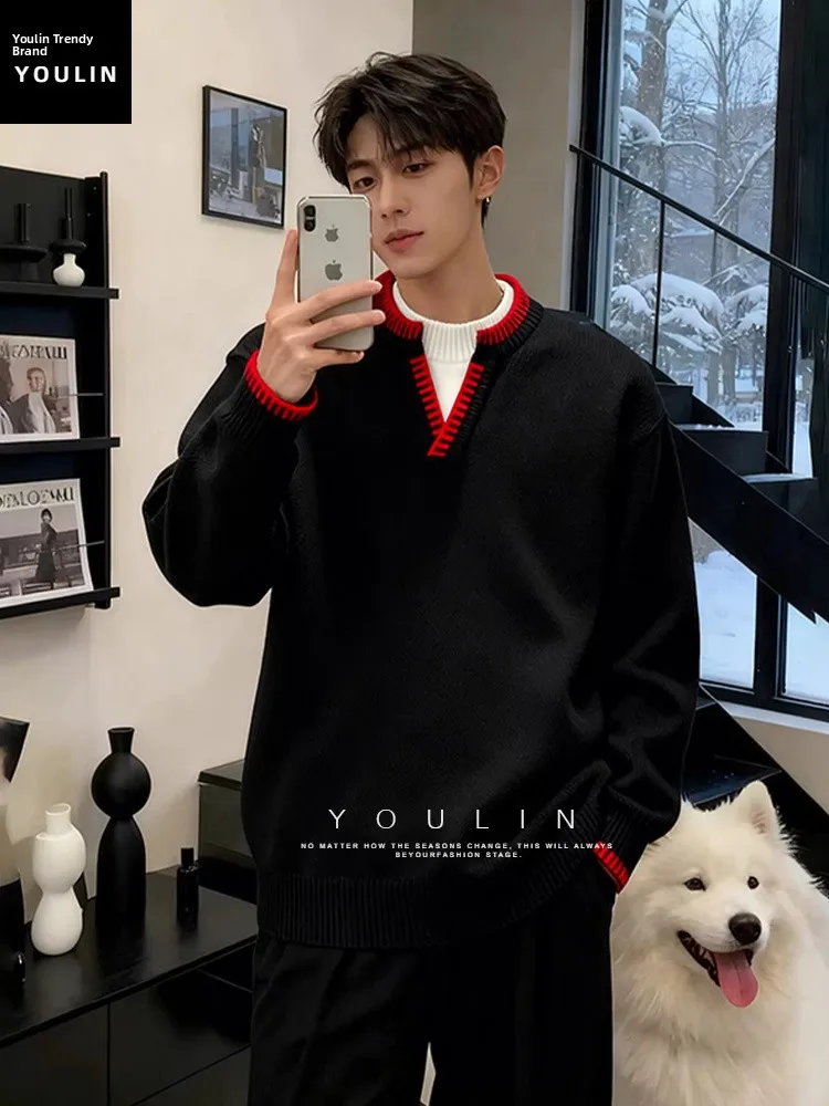 

Мужской трикотажный свитер с V-образным вырезом, красный, в стиле пэчворк, мягкий, свободного кроя, зимний, повседневный, для дома, прогулок, ежедневных поездок, уличный стиль