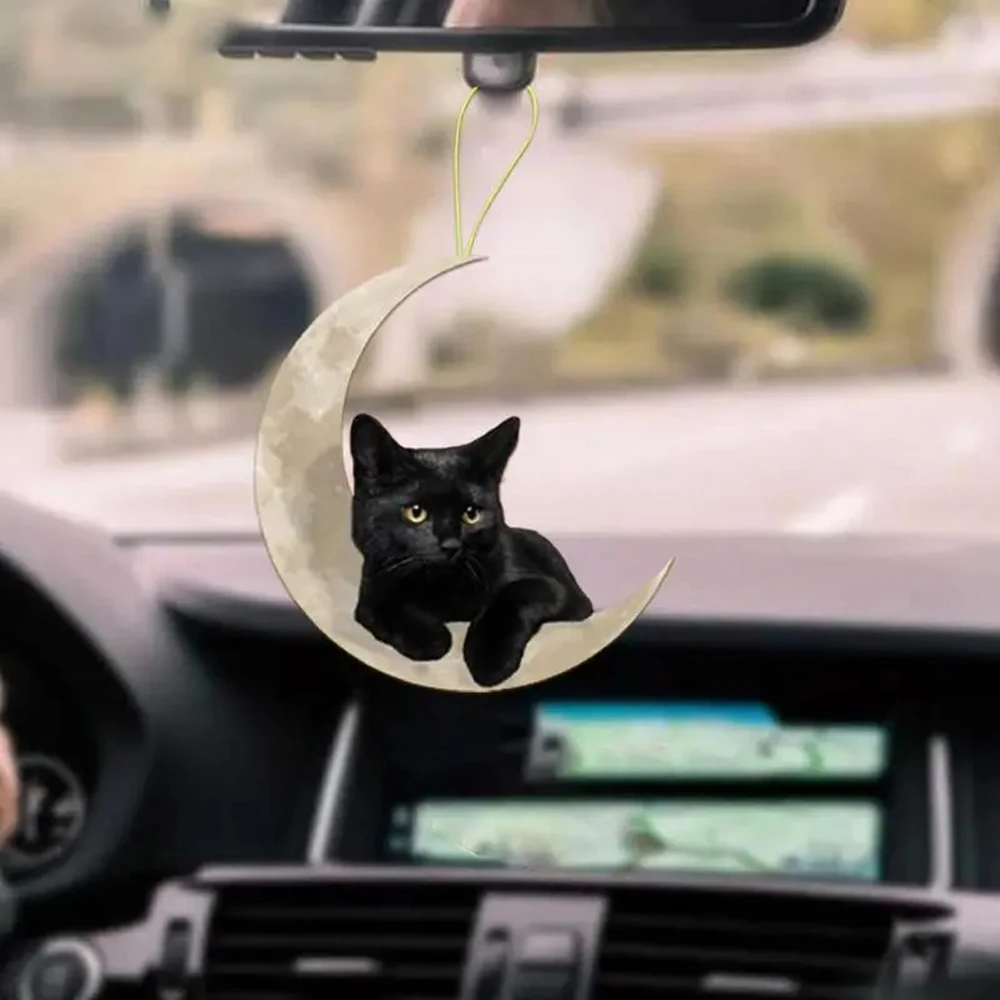 1pcs Cute Little Black Cat Lying On The Moon Hanging Ornament Cartoon Cute Pendant Car Bag Keychain Pendant Car Ornaments - view 2