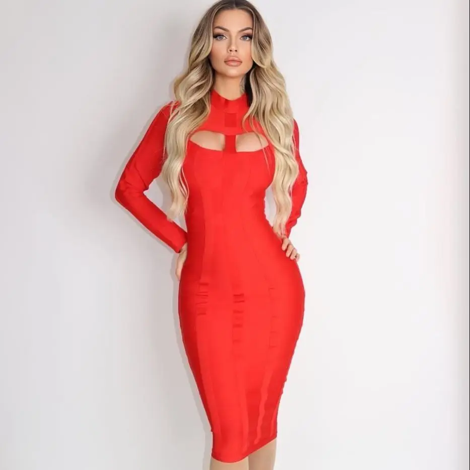 HQBORY Winter Long Sleeves sexy  Hollow Out Knitted Bandage Dress mid-length Women Hole Cut Out Black Bodycon Vestidos Red XL